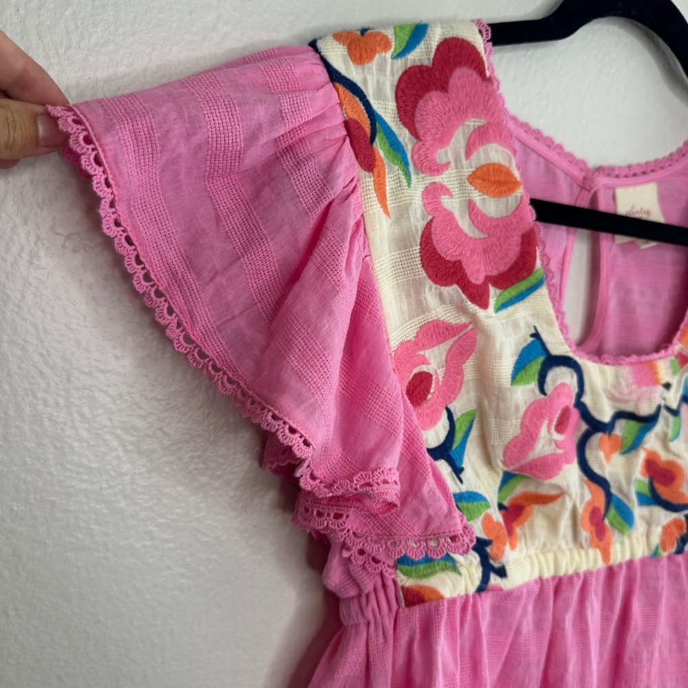 Plenty by Tracy Reese Embroidered Babydoll Blouse Pink Flutter Sleeve Top Medium - Picture 4 of 8